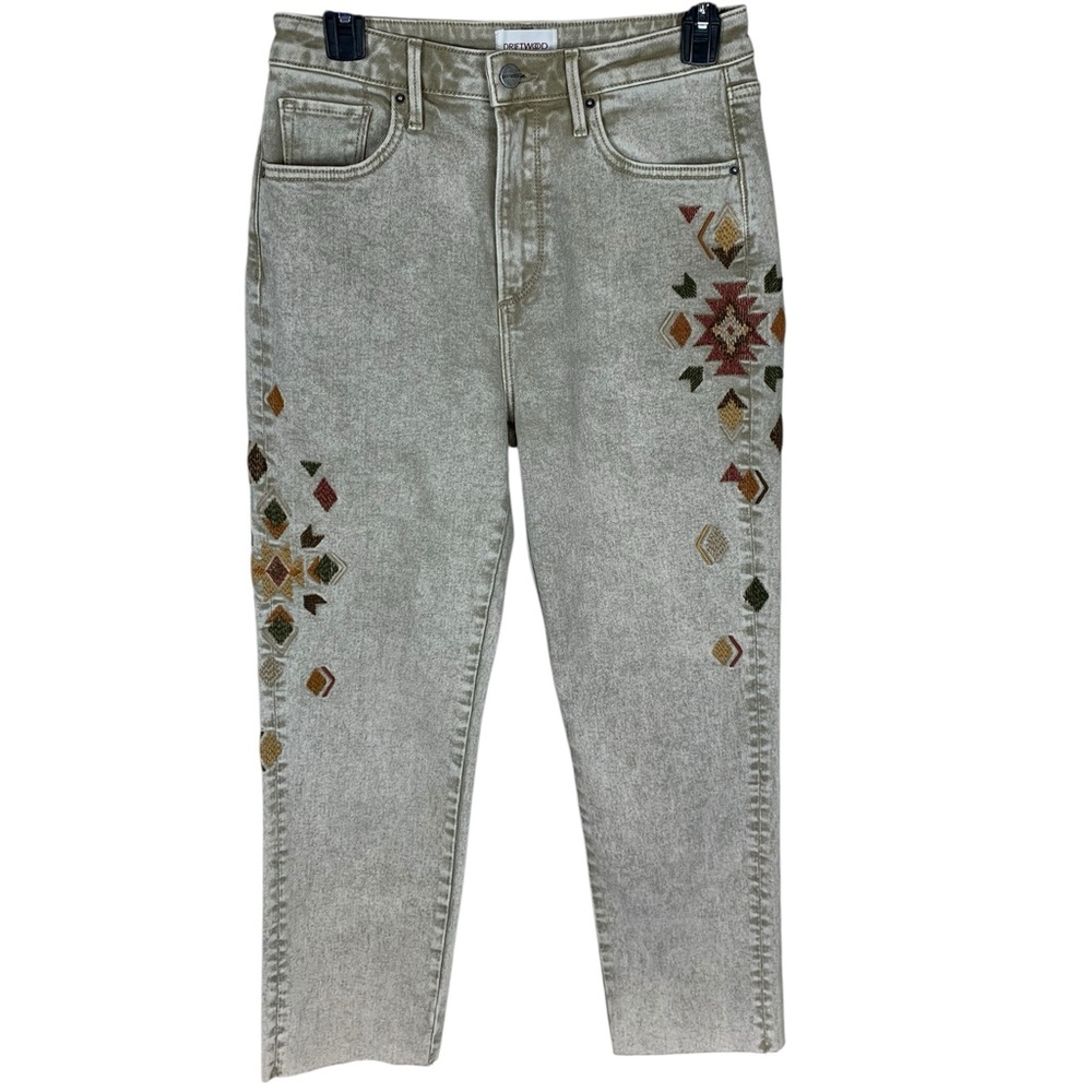 Women's Driftwood Beige Southwest Embroidered Royce Raw Hem Jeans Size 26